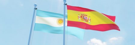 Argentina,And,Spain,,Two,Flags,Waving,Against,Blue,Sky.,3d
